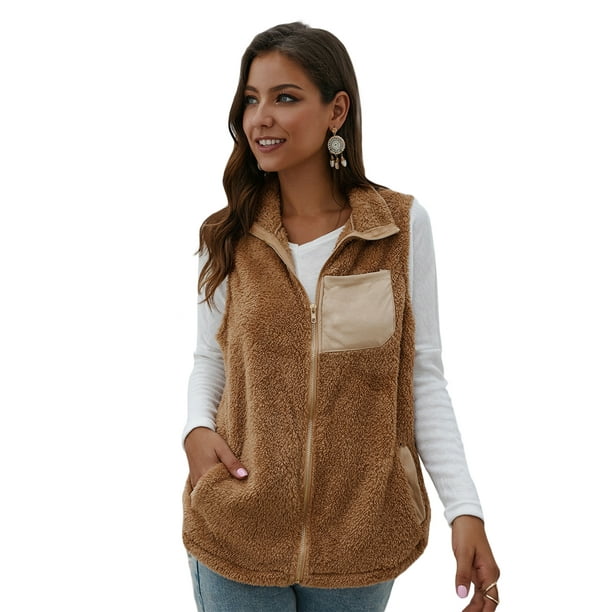 Women Winter Warm Vest Faux Fur Animal Pattern Waistcoat Pockets Sleeveless Jacket Outerwear Tops 